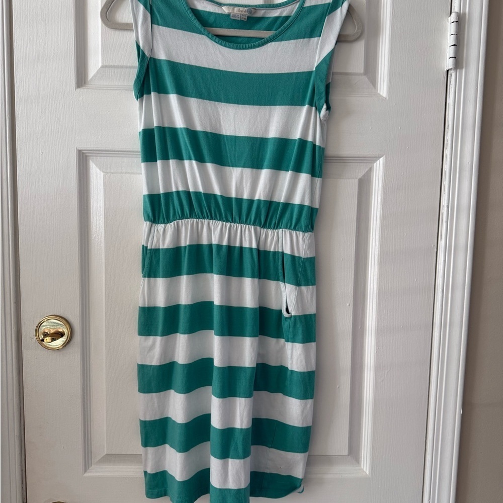 Boden Green and White Striped Midi Dress